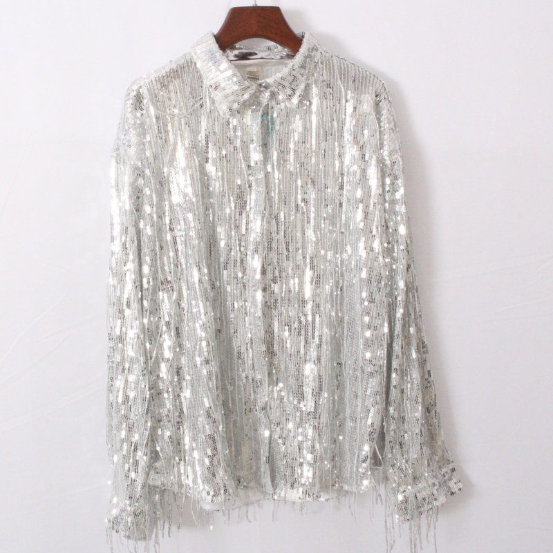 Sequin Sparkle Long Sleeve Shirt for Men, Spring and Autumn Heavy Sequin Performance Shirt, Stylish and Versatile Top ins Trend