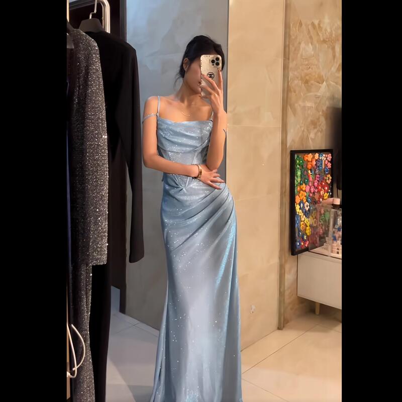 French-Style Formal Occasion Evening Dress with a Waist-Cinching Design, Suitable for Birthdays and Holidays, Blue Sparkling Spaghetti Strap Dress for Women