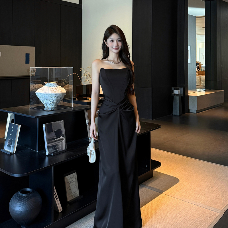 High-End Black Strapless Satin Dress for Women, Socialite Birthday Party Evening Dress, Sexy Fishbone Strapless Dress