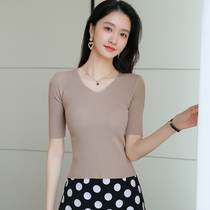 Short section 50% Sleeves Knit Undershirt Woman Dress Early Spring Dress 2022 New Body High Waist T-Shirt V Collar Blouse