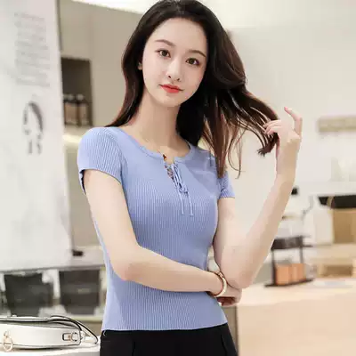 Ice silk thin sweater top short sleeve t-shirt women Summer tie tie slim short base shirt