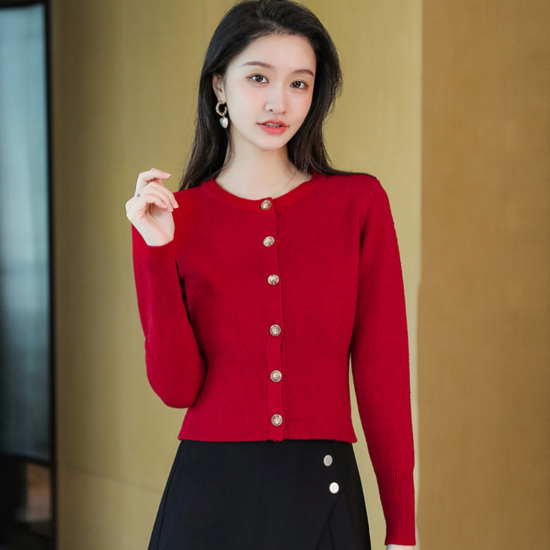 2022 Early spring short knit cardiovert woman long sleeve temperament jacket 100 hitch height waist thickened sweater jacket woman