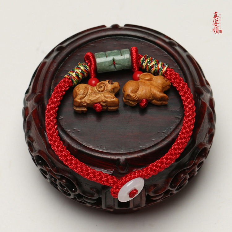 2019 Cung hoàng đạo bằng gỗ gụ đích thực là một con lợn đeo thỏ, chúc phúc, mang vòng chân - Vòng chân vòng chân cá chép nữ