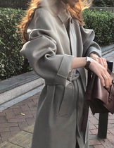 South Korea High-end Grey Green Wool Coats Women 2021 New SLIM DOUBLE FACE CASHMERE COAT WOMAN MID-LENGTH
