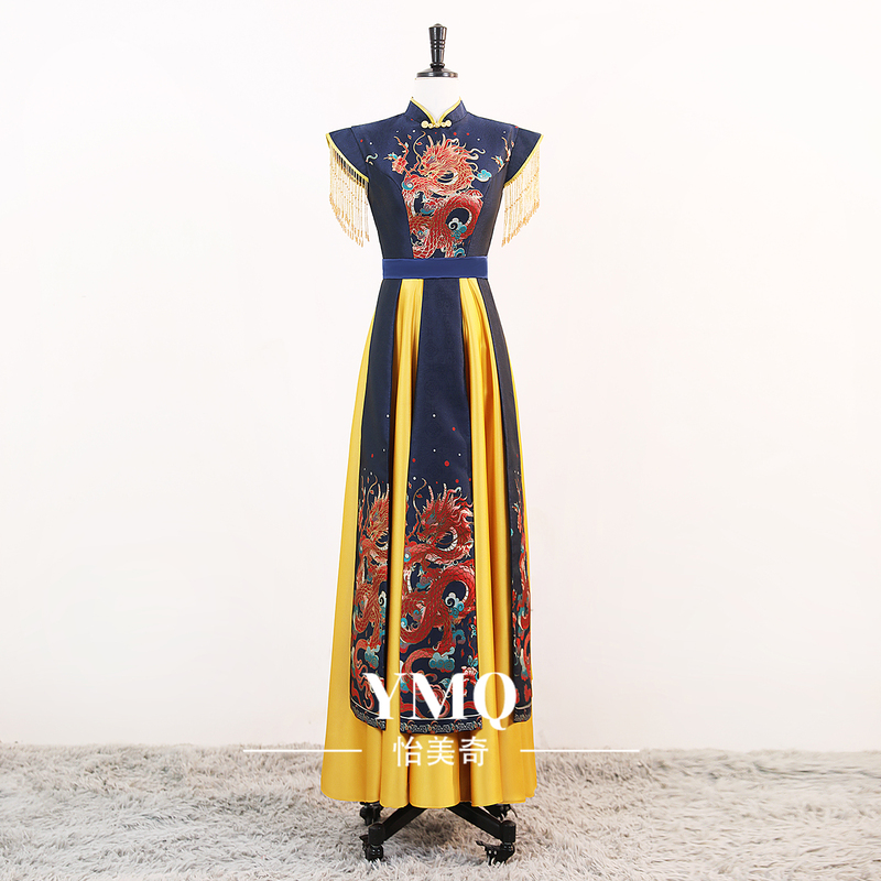 Women's Long Tassel Ethnic Style Stage Costume for Large Choir Performances, High-End Dragon-Patterned Runway Qipao Dress, New Model