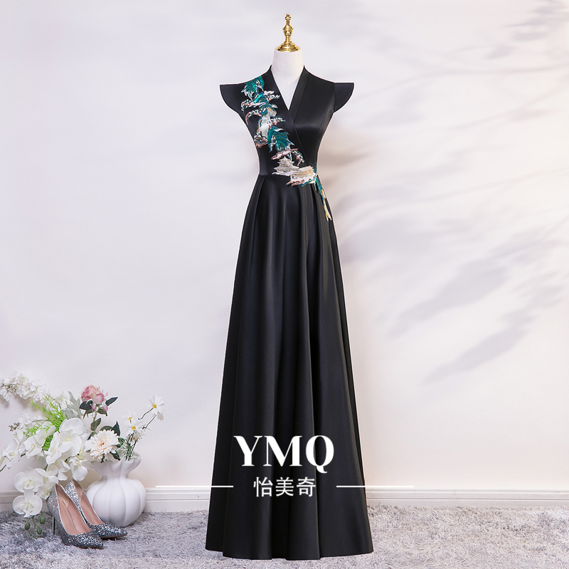 Black Evening Dress V-Neck New Chinese Style Guzheng Piano Performance Award Ceremony Reception Etiquette Solo Choir Performance Costume