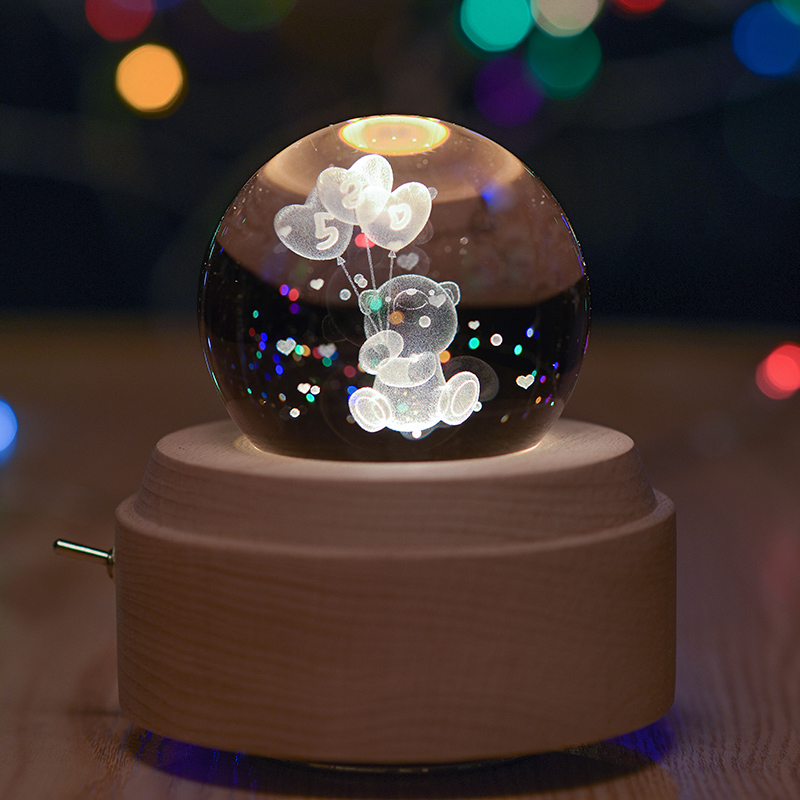 Bear balloon Crystal Ball Wooden rotating music box Music box Girl Romantic Birthday Valentine's Day gift gift