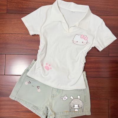 "Girl and Cherry Blossom Original [Diary of the Little Cat] Slimming Sweet Girl ki Cat polo Shirt Emoticon Pure Desire Daily Set.