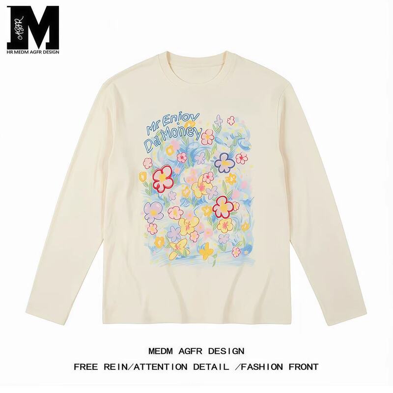 Medm Agfr Summer Sun Protection Graffiti Flower Long-Sleeved T-Shirt Women's Loose Round Neck Casual Versatile Loose Top