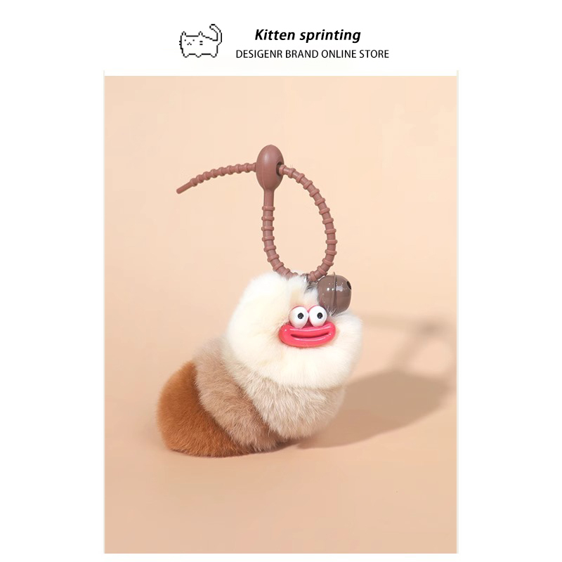 Rex Rabbit Fur Cute Caterpillar Bag Charm Adorable Sausage Mouth Backpack Small Pendant Doll Keychain
