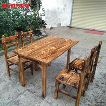  Antique charcoal-burning wood restaurant Hotel snack bar Hotel restaurant hot pot noodle restaurant Fire-burning solid wood fast food table and chair combination