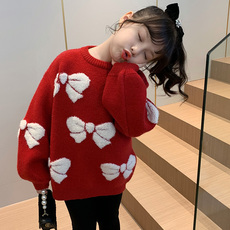 Свитер детский 女童毛衣洋气儿童针织衫冬装2023新款小女孩红色新年宽松圆领毛衣