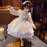 Платье принцессы Лолиты для девочек, осенняя одежда для маленьких девочек, новинка 2025 года, детское пышное радужное сетчатое платье в западном стиле