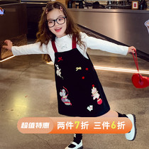 Girls denim overalls skirt autumn 2024 new style childrens Korean cartoon dress girls casual skirt