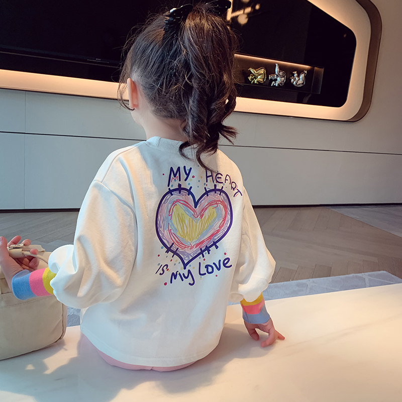 Girl Thick T-Shirt Spring Dress New Children Han Edition Round Collar Love Loose Long Sleeves Little Girl Foreign Pie Casual Blouse Tide