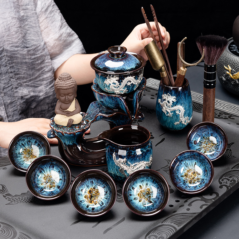 Kiln set of tea set household small set kung fu teacup lazy semi-automatic stone milling tea plate living room