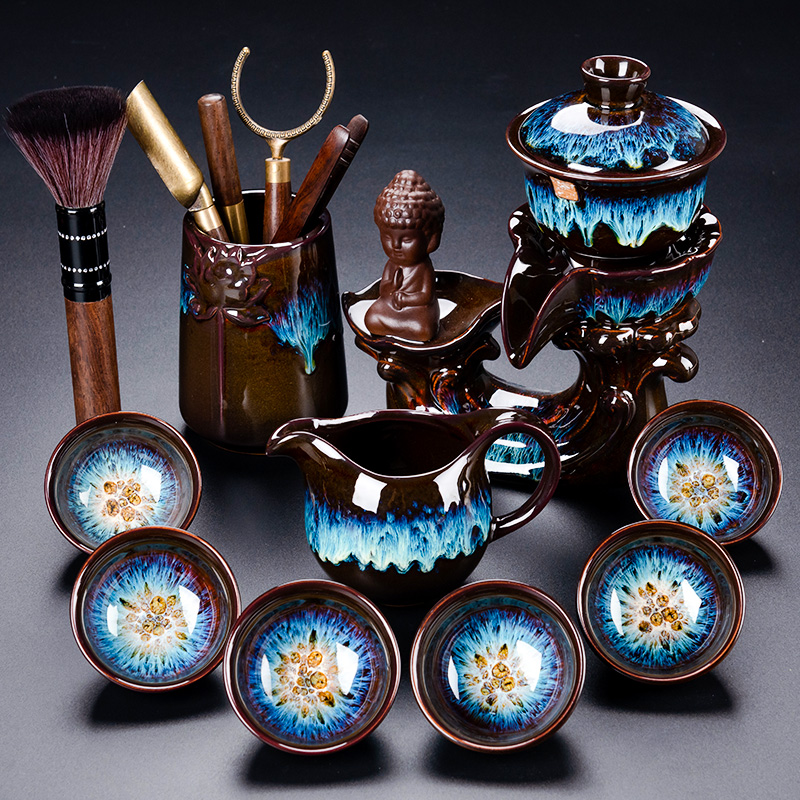 Ceramic kung fu teacup set home living room lazy man automatic tea set stone grinding rotating water teapot brewing tea artifact