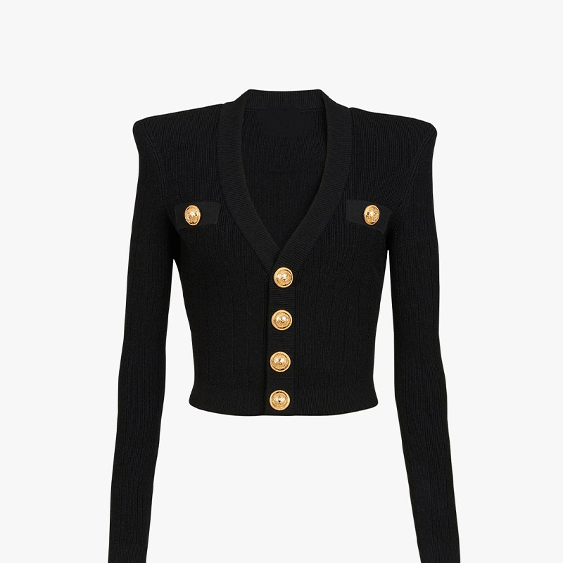 European-Style High-End Deep V-Neck Long-Sleeved Sweater with Shoulder Pads, Short Jacket in Chanel Style, Elegant and Slimming Knit Cardigan for Socialites