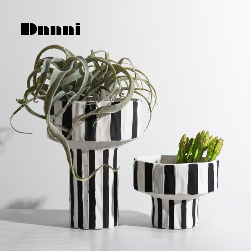 Dnnni wide mouth striped floral pendulum pieces ceramic flower arrangement drying flower livingroom TV cabinet Xuanguan wine cabinet table decoration