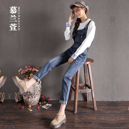 勾勾背带裤女春秋2018新款宽松韩版高腰复古