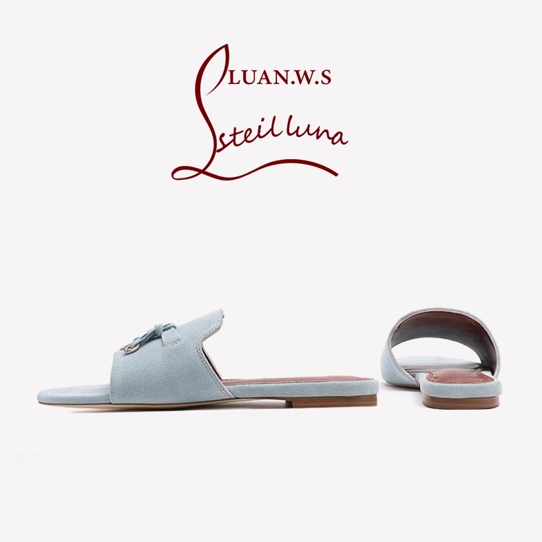 Steil Luna Sheepskin Slippers for Women, French Tassel Pendant, Light Blue Flat Sandals, Half Slippers for Women, Summer Outdoor Wear