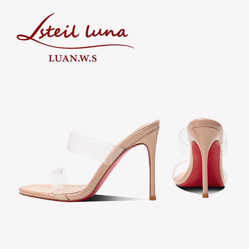 New Nude Red-Soled High-Heeled Slippers for Women, Stiletto Heels, Sexy Genuine Leather Transparent Sandals, Open-Toe Silver Rhinestone Sandals