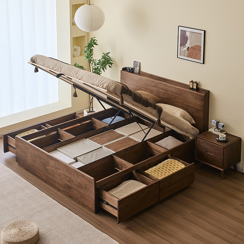 North American Black Walnut High Box Storage Bed, Nordic Solid Wood Air Pressure Box Floor Bed, 1.68m Low Box Bed