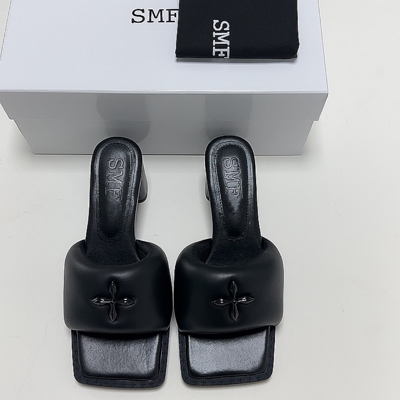 Correct Letter* Full Sheepskin Cross-Pattern Duckbill Chunky Heel High-Heeled Women's Slippers Black Balloon Slide Sandals