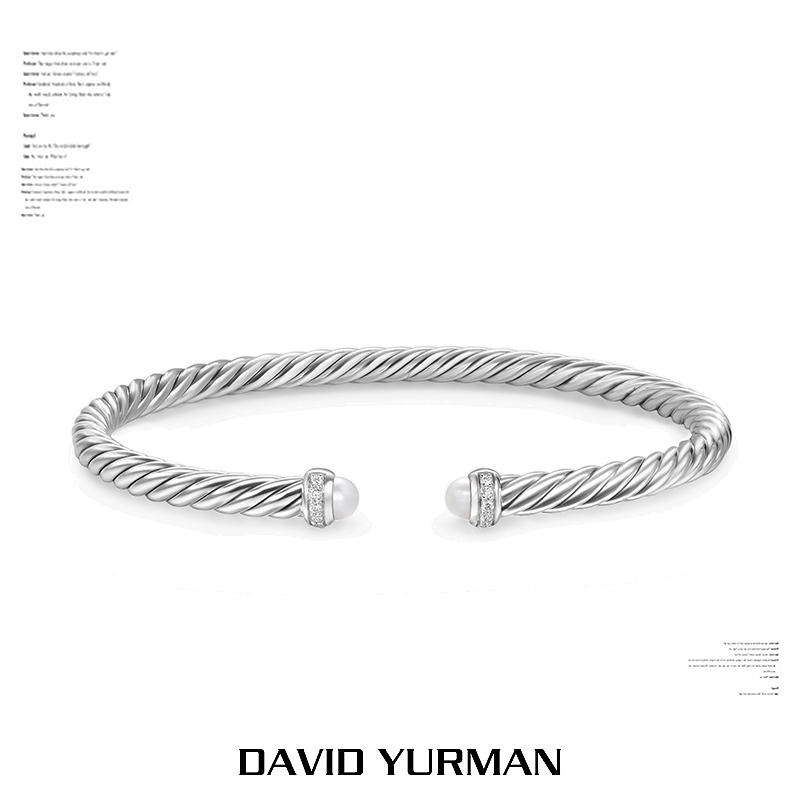 David Yurman Silver Double-Ended Pearl and Diamond Wire Rope Open Bracelet Dy Bracelet 4mm David Yurman Silver Double-Ended Pearl and Diamond Wire Rope Open Bracelet Dy Bracelet 4mm