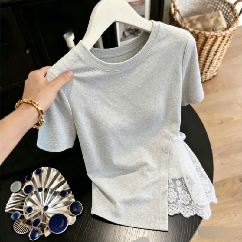 Plus-Size Cotton High-End Lace Patchwork Short-Sleeve T-Shirt for Women, Summer Slimming Irregular Top for Curvy Women Plus-Size Cotton High-End Lace Patchwork Short-Sleeve T-Shirt for Women, Summer Slimming Irregular Top for Curvy Women
