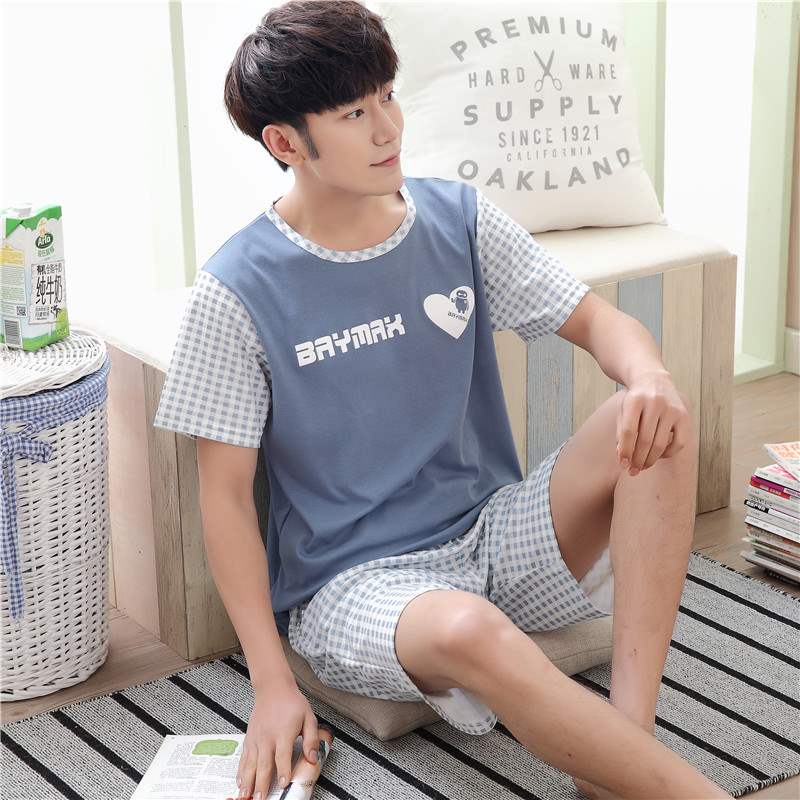 Đồ ngủ nam không tay mùa hè Quần short nam cotton mùa hè cộng với phân bón XL phần mỏng tay ngắn dịch vụ tại nhà - Bộ Pajama đồ bộ trung niên