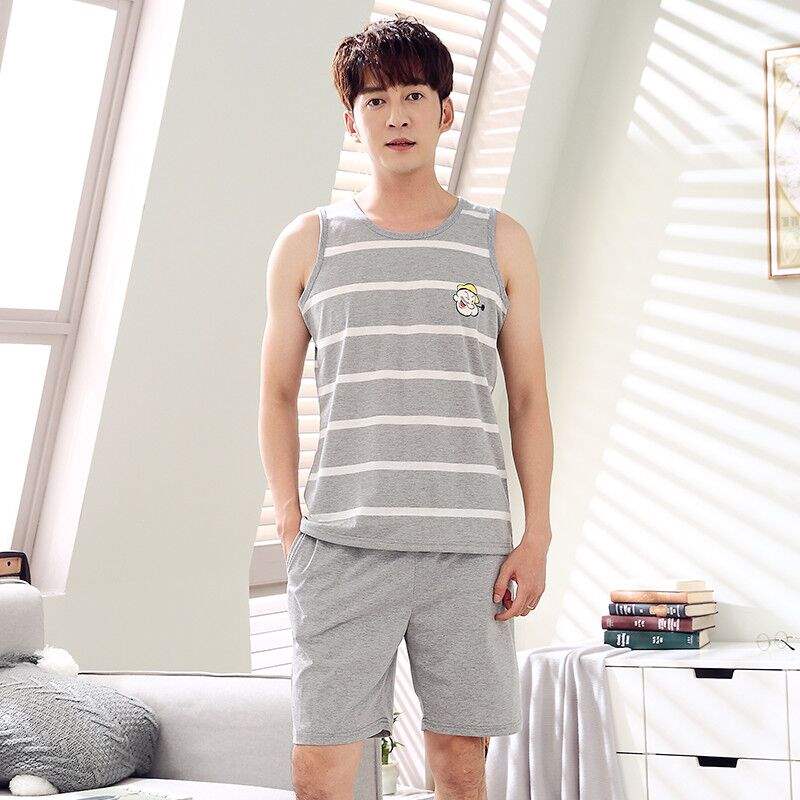 Đồ ngủ nam không tay mùa hè Quần short nam cotton mùa hè cộng với phân bón XL phần mỏng tay ngắn dịch vụ tại nhà - Bộ Pajama