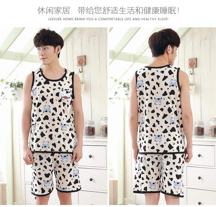 Đồ ngủ nam không tay mùa hè Quần short nam cotton mùa hè cộng với phân bón XL phần mỏng tay ngắn dịch vụ tại nhà - Bộ Pajama đồ bộ vải đũi