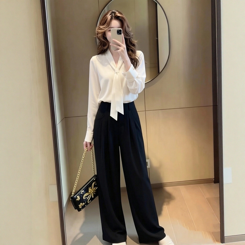 Autumn Outfit Set with a High-End French Style, Light Luxury Professional Workwear, Long-Sleeved Shirt and Casual Pants Two-Piece Set for Women