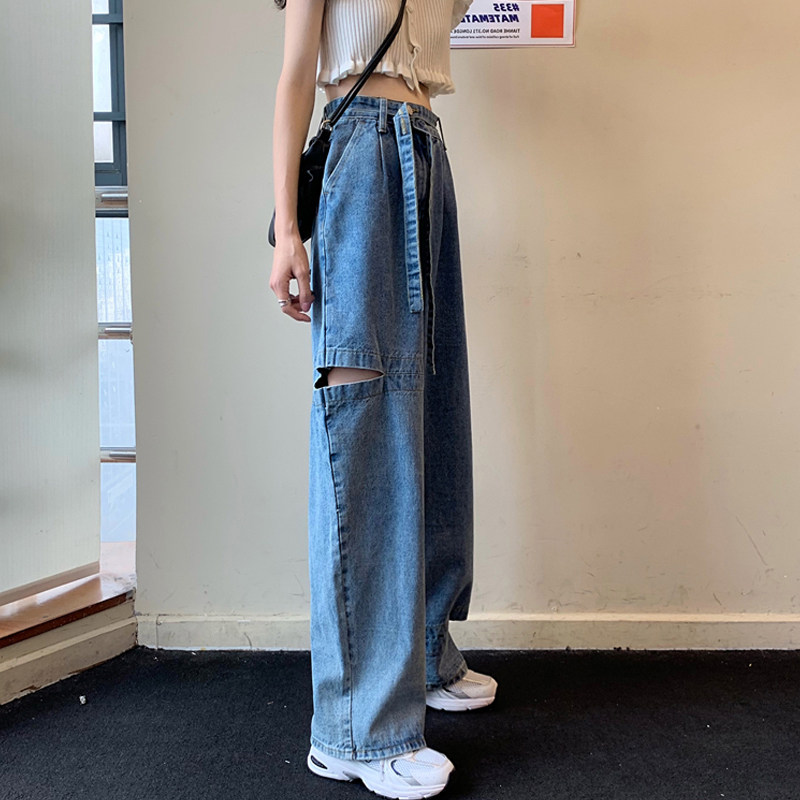 Summer dress 2021 new fat younger sister mm loose large size dress Broken Cave Jeans Hip thigh coarse woman pants slim fit