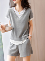 Real value womens Shiluxiao Suzhou casual suit womens 2023 summer new loose and comfortable fake two-piece T-shirt