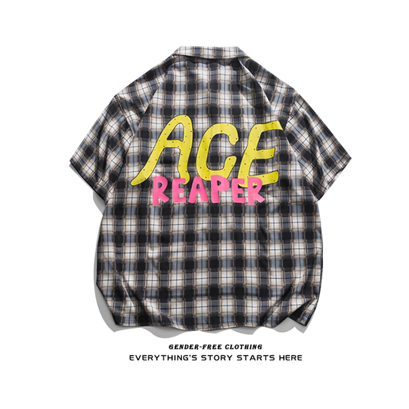 ZOROHOM Tide Card Letters Printed Touch color Plaid short sleeve shirt male and female loose high-texture half-sleeve shirt clothes
