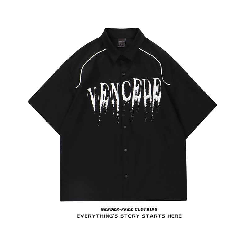 ZOROHOM High Street Dark Night Ensemble Letters Splicing Short Sleeve Shirt Male And Female Loose Large Size Trend Half Sleeve Shirt Clothes