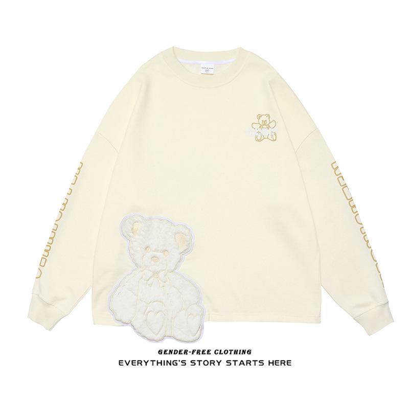 ZOROHOM tide brand solid color flocking broken edge bear round neck with casual top men and women loose pullover spring and autumn shirt