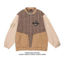 ZOROHOM nostalgic plaid stitching leather baseball uniform jacket for men and women loose casual sports jackets