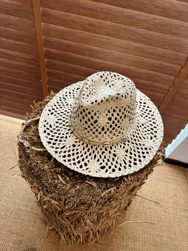 Jojo's Designer Hollow-Out Denim Panama Hat with Shell Chain, Unique Shape, Hand-Woven