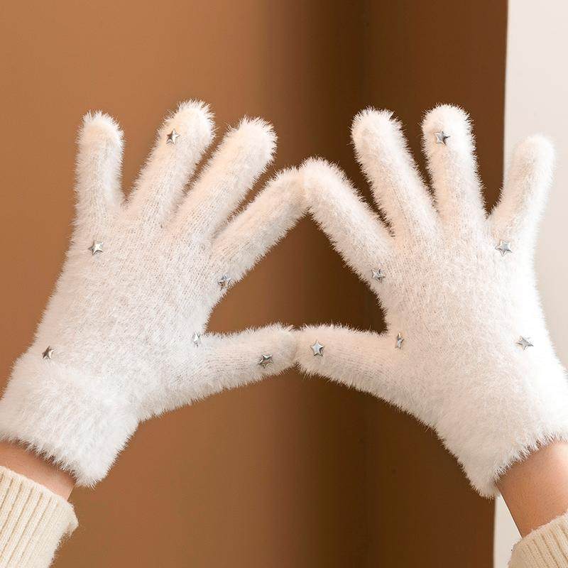 Thickened plush gloves, winter warm knitted white five-finger split gloves for students cycling, windproof and cold-resistant.