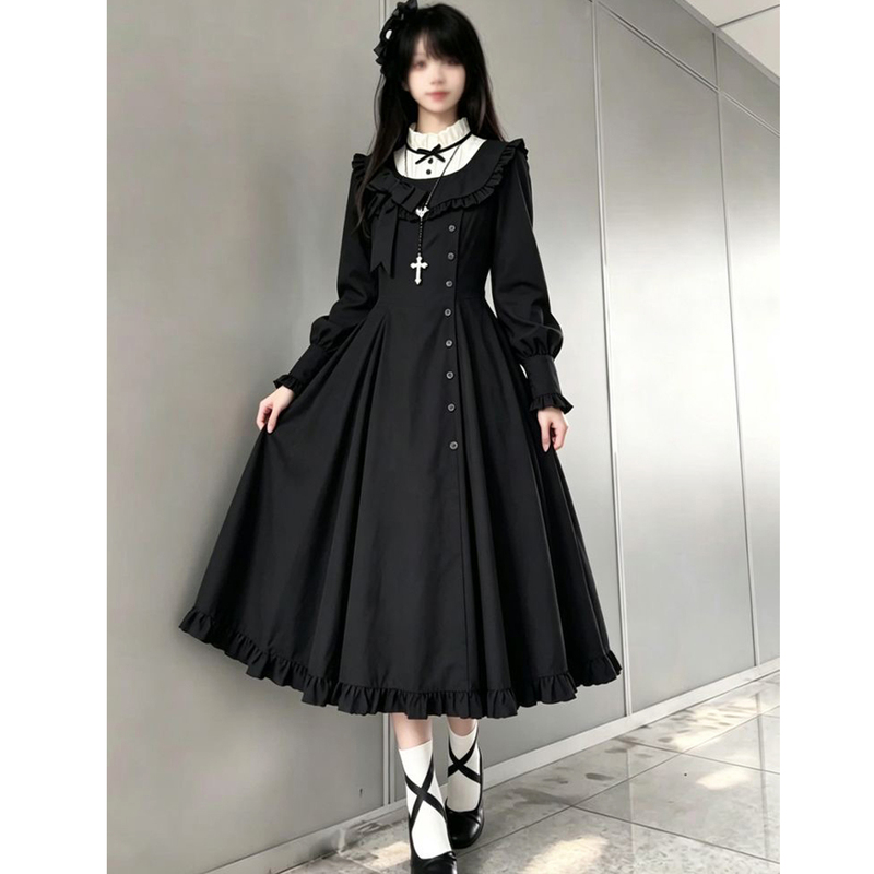 【Dark Night Messenger】Cla Series Gothic Nun Black Dark Lolita Waist-Cinching Long Dress 【Dark Night Messenger】Cla Series Gothic Nun Black Dark Lolita Waist-Cinching Long Dress