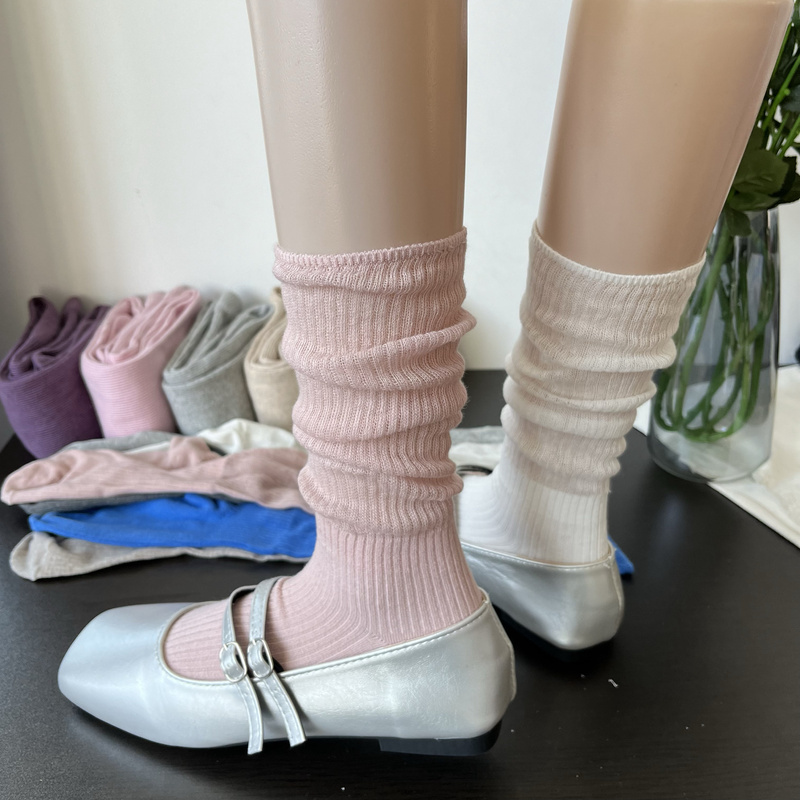 Japanese-Style Pink Thin Cotton Patchwork Socks for Women, Mid-Calf Socks, Trendy, Fashionable, Lazy, Versatile, Black, White, Gray Slouch Socks