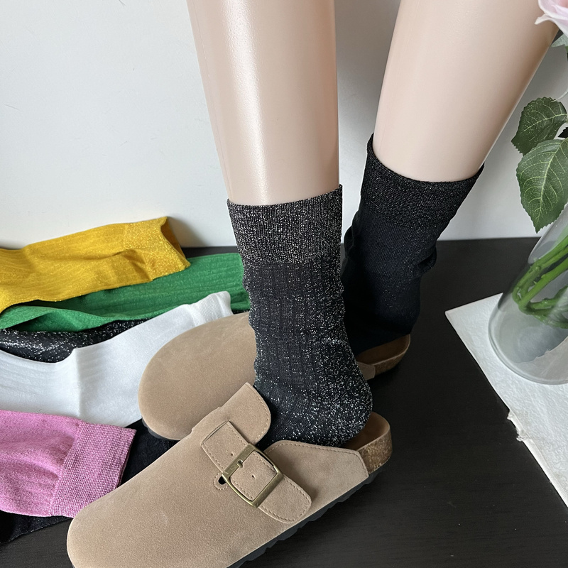Black and Silver Shiny Stockings for Women, Mid-Calf Socks, Trendy and Fashionable Retro Colorful Runway Style Slouch Socks, Thin Spring and Summer Style Black and Silver Shiny Stockings for Women, Mid-Calf Socks, Trendy and Fashionable Retro Colorful Runway Style Slouch Socks, Thin Spring and Summer Style