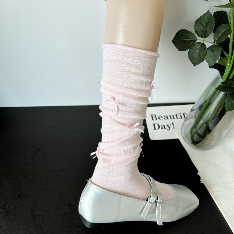 Ballet-Style Pink Bow-Knot Slouch Socks for Women, Spring and Summer Thin Pure Cotton Japanese Sweet Curled White Calf Socks Ballet-Style Pink Bow-Knot Slouch Socks for Women, Spring and Summer Thin Pure Cotton Japanese Sweet Curled White Calf Socks