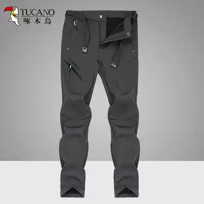 Woodpecker outdoor assault pants men's winter soft shell pants plus velvet thickening mountaineering and ski pants waterproof and windproof brand