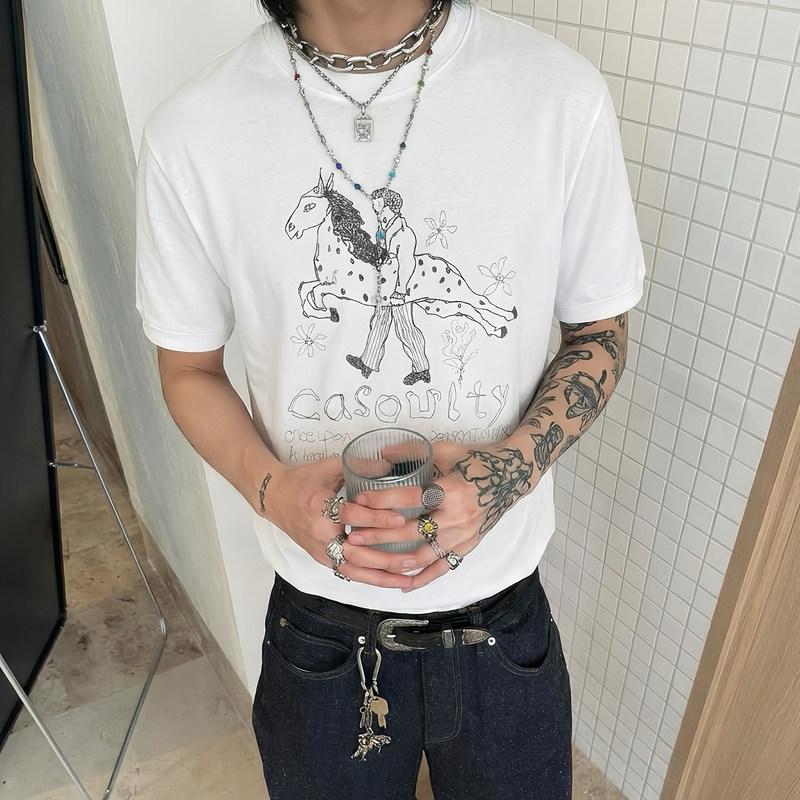 Casoulty "Horse Hugger" Digital Direct-Print T-Shirt 300g Heavyweight Pure Cotton Summer New Short-Sleeved T-Shirt