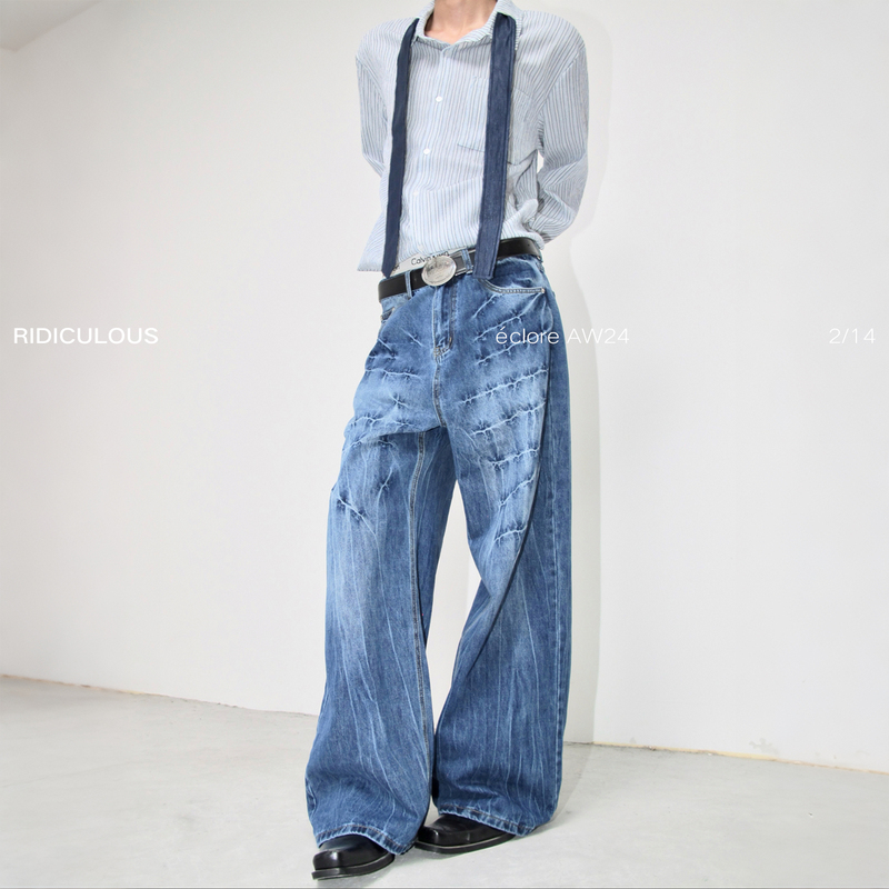 Ridiculous【Blues Archive】Washed and Distressed Loose Wide-Leg Jeans with a Straight, Floor-Length Cut