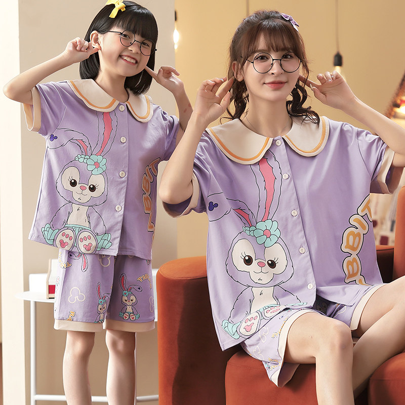 Parenting Sleepwear Short Sleeve Summer Pure Cotton Mother Woman Dress Cute Princess Collar Baby Girl's Home Conserved Slim Fit Suit